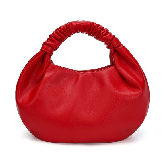 Chic Top Handle Bag Small Ruched Hobo Handbag Red Soft Faux Leather :P - Picture 1 of 9